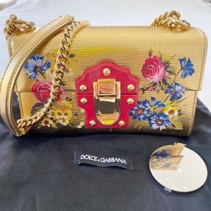 DOLCE & GABBANA Gold Leather Floral Lucia Bag